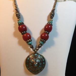 Vintage Turquoise Coral Silver Necklace #60B